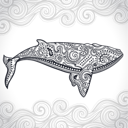 Vector wild Whale with tribal and ethnic ornamentsのイラスト素材