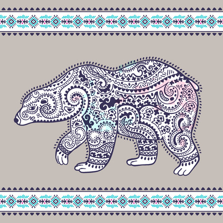 Tribal hand drawn totem bear with ethnic borderのイラスト素材