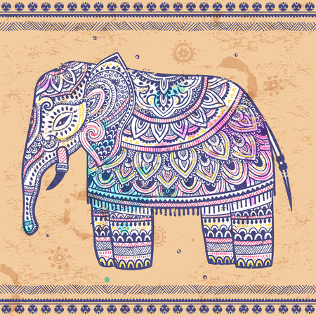 Vintage Indian elephant with tribal ornaments. Floral mandala greeting card.のイラスト素材
