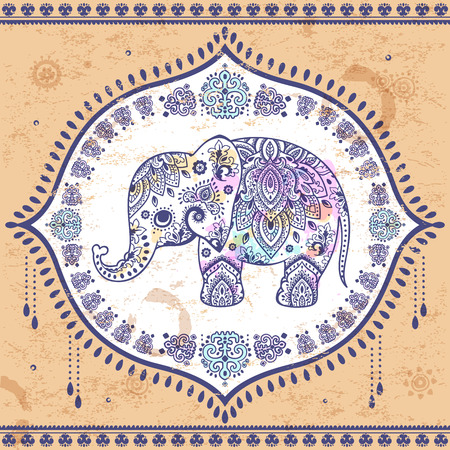 Vintage Indian elephant with tribal ornaments. Floral mandala greeting card.のイラスト素材