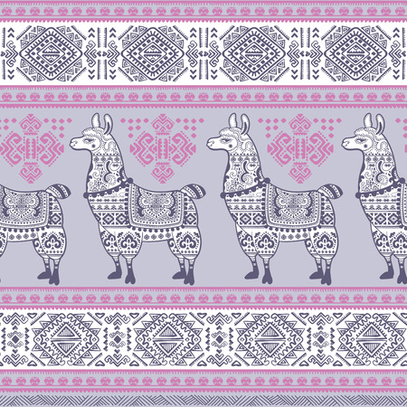 Vector cute Alpaca Llama animal with ethnic ornamentsのイラスト素材