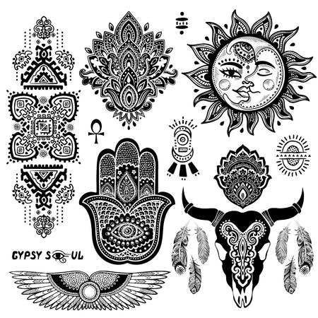 Bohemian style vector flash tattoo symbols setのイラスト素材