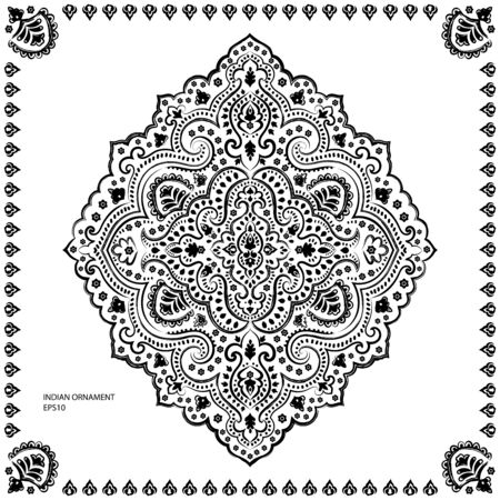 Bohemian Indian Mandala towel print. Vintage Henna tattoo style Indian medallion. Ethnic ornament could be used as shirt print, phone case print, textile, coloring book. Christmas holiday snowflakeのイラスト素材