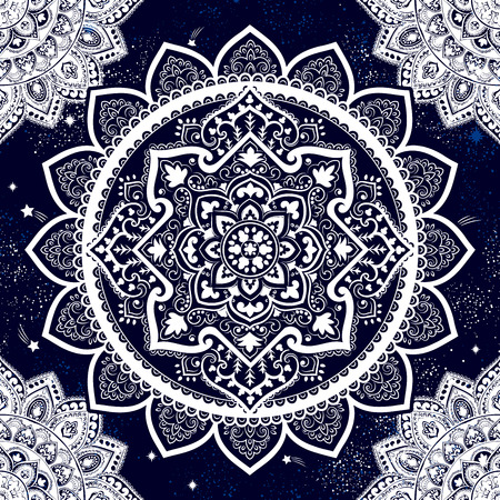 Bohemian Indian Mandala towel print. Vintage Henna tattoo style Indian medallion. Ethnic ornament could be used as shirt print, phone case print, textile, coloring book. Christmas holiday snowflakeのイラスト素材