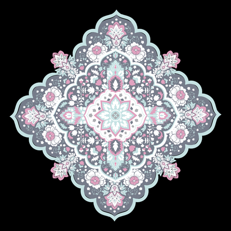 Bohemian Indian Mandala towel print. Vintage Henna tattoo style Indian medallion. Ethnic ornament could be used as shirt print, phone case print, textile, coloring book. Christmas holiday snowflakeのイラスト素材