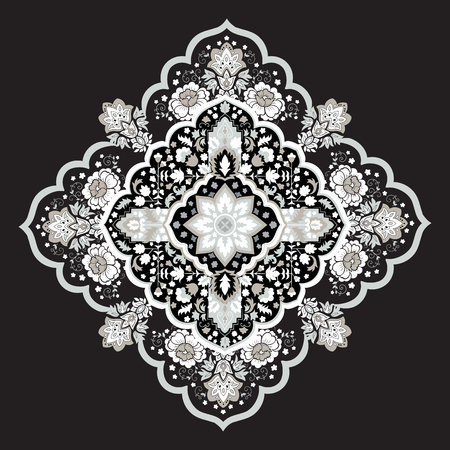 Bohemian Indian Mandala towel print. Vintage Henna tattoo style Indian medallion. Ethnic ornament could be used as shirt print, phone case print, textile, coloring book. Christmas holiday snowflakeのイラスト素材