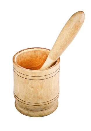 Handmade Wooden Mortar and Pestle isolated on a white backgroundの写真素材