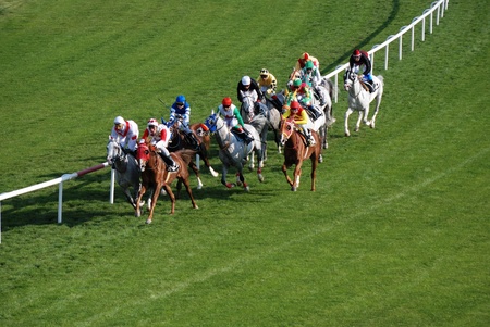Horses and jockeys during a race.のeditorial素材