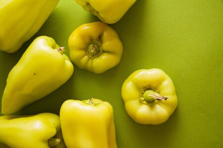 harvest of green paprika peppersの写真素材