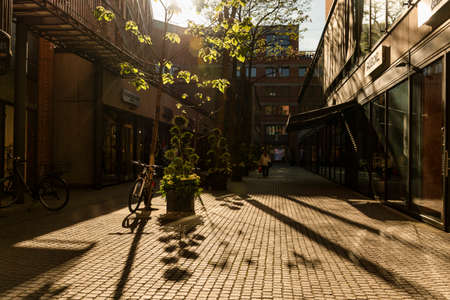 24 May 2019 Munich, Germany - urban shopping centre "FÃ¼nf" in sunrise lightning. Modern architecture and design of trade space.のeditorial素材