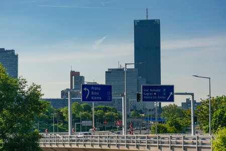01 June 2019 Vienna, Austria - speed highway to various directions in Vienna, Donau city on the background. Sunny morningのeditorial素材
