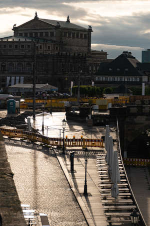 20 May 2019 Dresden, Germany - Augustus Bridge (AugustusbrÃ¼cke) during reconstruction. Semper Opers at background, central Dresdenのeditorial素材