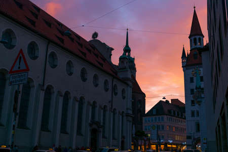 22 May 2019 Munich, Germany - Old city hall (Altes Rathaus / Spielzeugmuseum) and old Court (Alter Hof) former imperial residence of Louis IV. Sunset lightningのeditorial素材