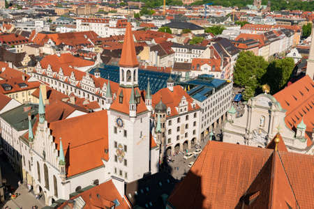 22 May 2019 Munich, Germany - Old city hall (Altes Rathaus / Spielzeugmuseum) and old Court (Alter Hof) former imperial residence of Louis IV. Aerial view from Peterskirche towerのeditorial素材
