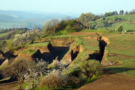 Gorges in the earth due to landslides.の写真素材