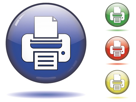 Glossy printer button symbol on a sphere in different colors on isolated white background.