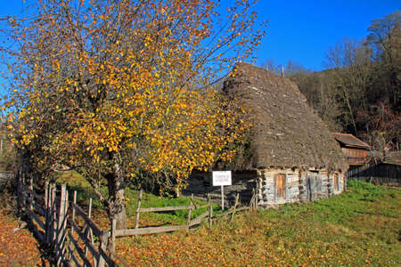 A little wooden cottage with board fenceの写真素材