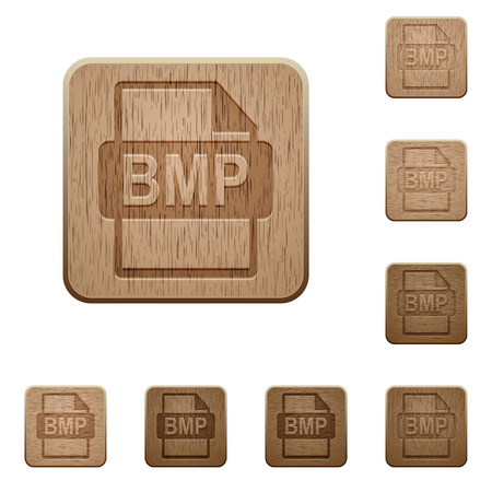 Set of carved wooden BMP file format buttons in 8 variations.