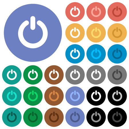 Power switch multi colored flat icons on round backgrounds. Included white, light and dark icon variations for hover and active status effects, and bonus shades on black backgounds.のイラスト素材