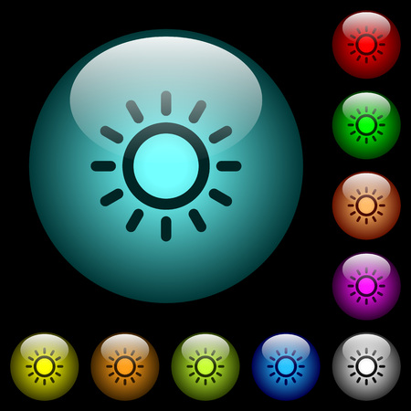 Brightness control icons in color illuminated spherical glass buttons on black background. Can be used to black or dark templatesのイラスト素材