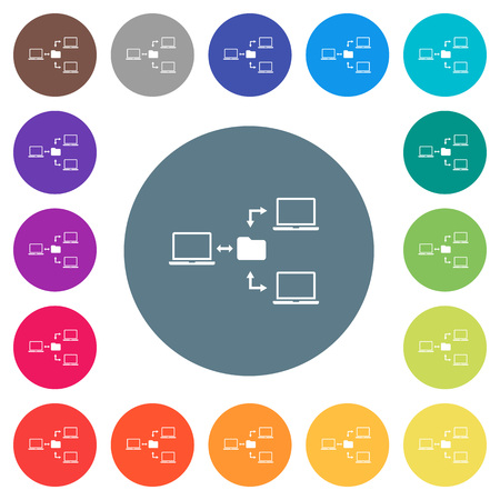 Network file system flat white icons on round color backgrounds. 17 background color variations are included.