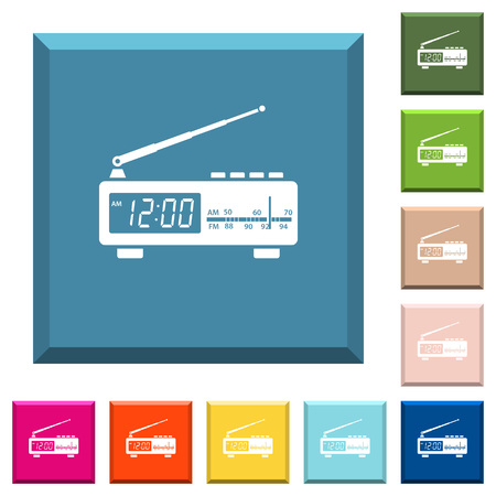 Vintage radio clock white icons on edged square buttons in various trendy colorsのイラスト素材