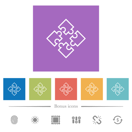 Puzzle pieces flat white icons in square backgrounds. 6 bonus icons included.のイラスト素材