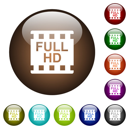 Full HD movie format white icons on round color glass buttonsのイラスト素材