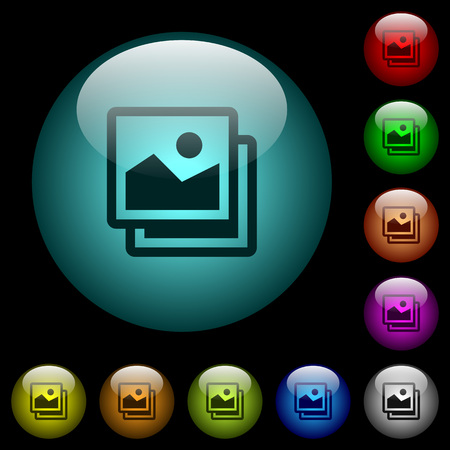 Pictures icons in color illuminated spherical glass buttons on black background. Can be used to black or dark templatesのイラスト素材