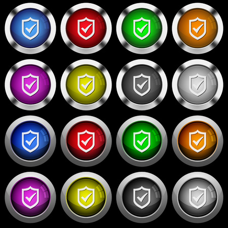 Active shield white icons in round glossy buttons with steel frames on black background. The buttons are in two different styles and eight colors.のイラスト素材