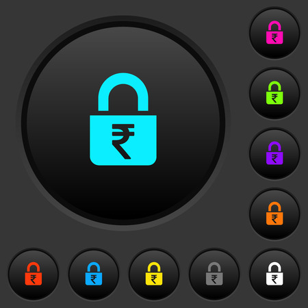 Locked rupees dark push buttons with vivid color icons on dark grey backgroundのイラスト素材