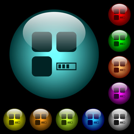 Component processing icons in color illuminated spherical glass buttons on black background. Can be used to black or dark templatesのイラスト素材
