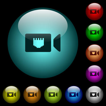 IP camera icons in color illuminated spherical glass buttons on black background. Can be used to black or dark templatesのイラスト素材