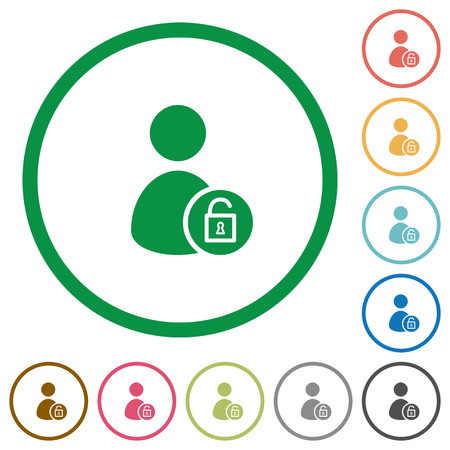 Unlock user account flat color icons in round outlines on white backgroundのイラスト素材