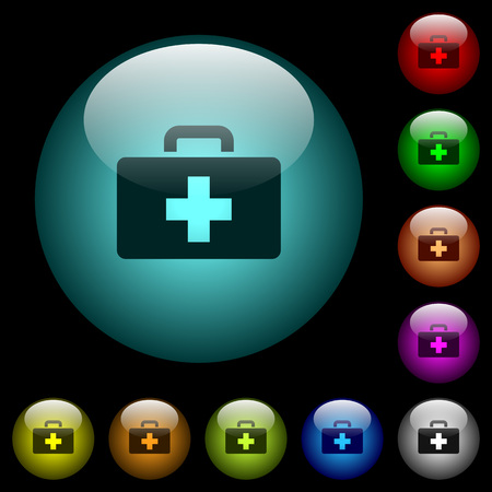 First aid kit icons in color illuminated spherical glass buttons on black background. Can be used to black or dark templatesのイラスト素材