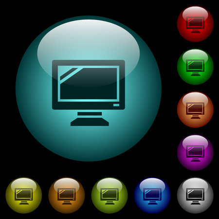 Monitor icons in color illuminated spherical glass buttons on black background. Can be used to black or dark templatesのイラスト素材