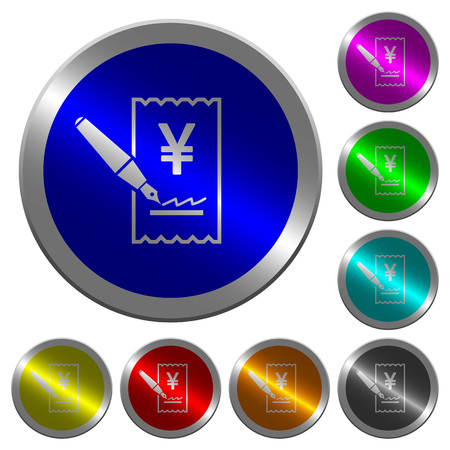 Signing Yen cheque icons on round luminous coin-like color steel buttonsのイラスト素材