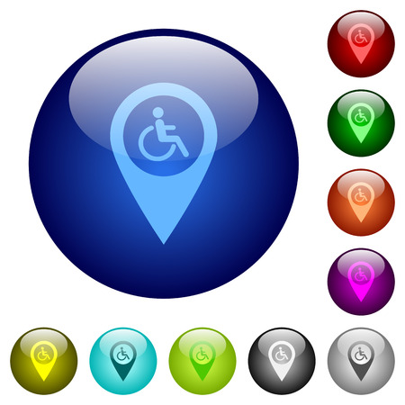 Disability accessibility GPS map location icons on round color glass buttonsのイラスト素材