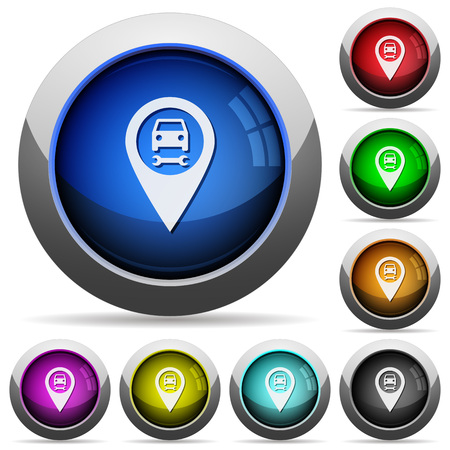 Car service GPS map location icons in round glossy buttons with steel framesのイラスト素材