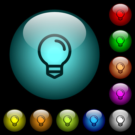 Light bulb icons in color illuminated spherical glass buttons on black background. Can be used to black or dark templatesのイラスト素材