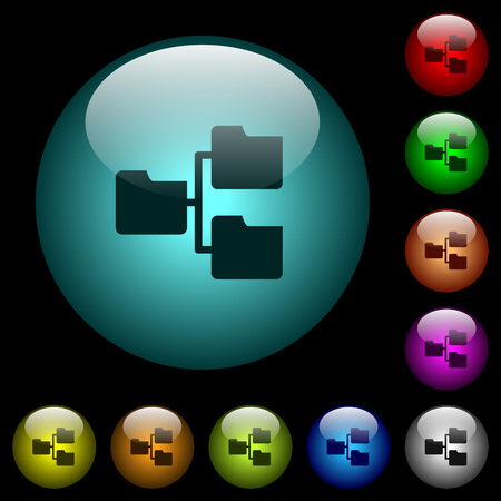 Shared folders icons in color illuminated spherical glass buttons on black background. Can be used to black or dark templatesのイラスト素材