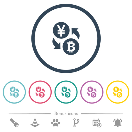 Yen Bitcoin money exchange flat color icons in round outlines. 6 bonus icons included.のイラスト素材