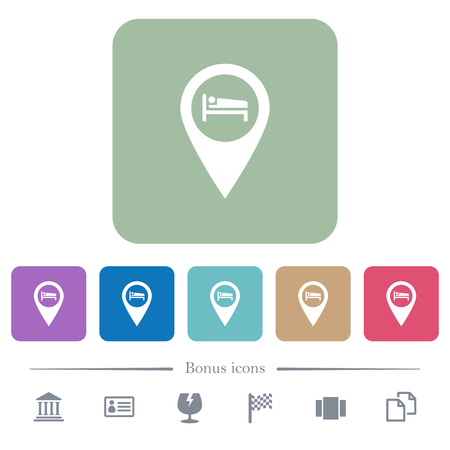 Hotel GPS map location white flat icons on color rounded square backgrounds. 6 bonus icons includedのイラスト素材