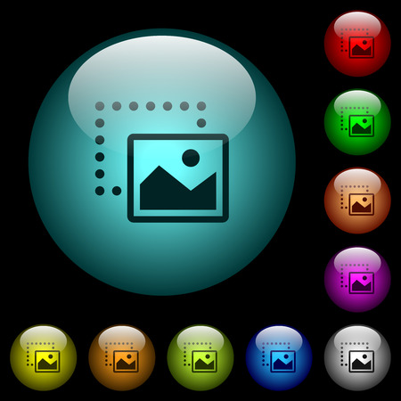Drag image to bottom right icons in color illuminated spherical glass buttons on black background. Can be used to black or dark templatesのイラスト素材