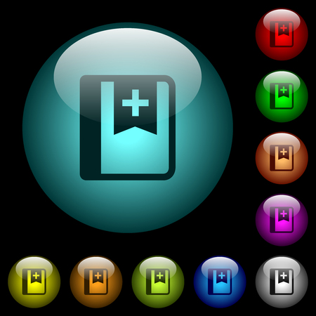 Bookmark icons in color illuminated spherical glass buttons on black background. Can be used to black or dark templatesのイラスト素材