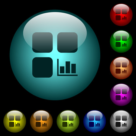 Component statistics icons in color illuminated spherical glass buttons on black background. Can be used to black or dark templatesのイラスト素材