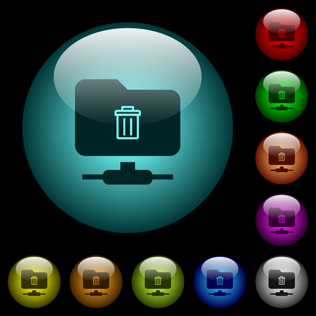 FTP delete icons in color illuminated spherical glass buttons on black background. Can be used to black or dark templatesのイラスト素材