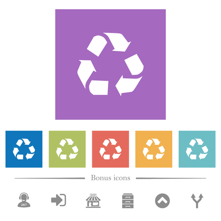 Recycling flat white icons in square backgrounds. 6 bonus icons included.のイラスト素材