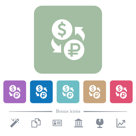 Dollar Ruble money exchange white flat icons on color rounded square backgrounds. 6 bonus icons includedのイラスト素材