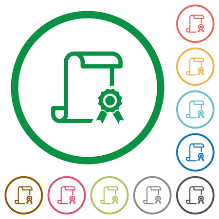 Scroll with certificate on right flat color icons in round outlines on white backgroundのイラスト素材
